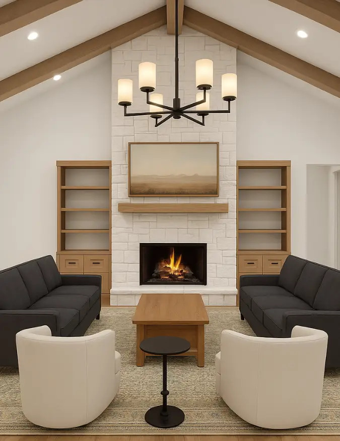 Interior design rendering of a living room with fireplace, built-in shelving, sofas, lounge chairs, and wood ceiling beams