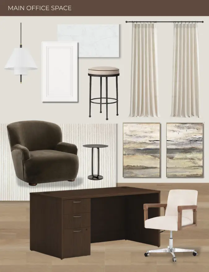 Main office space design board with desk, seating, lighting, artwork, curtains, and neutral finish selections